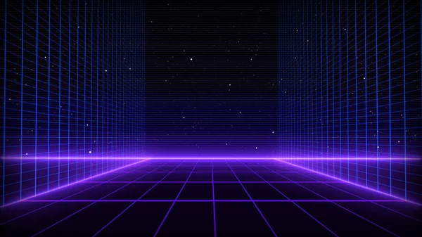 Estilo Retro Cyberpunk 80S Sci Fondo Futurista Con Paisaje Rejilla — Foto de Stock