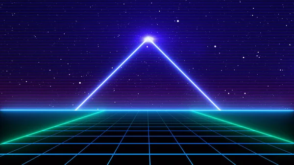 复古网络庞克风格80年代科幻背景未来与激光网格景观 20世纪80年代的数字网络表面风格 3D插图 — 图库照片