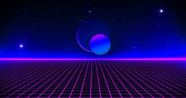 Retro Bilim-Kurgu Geçmişi 80 'lerin gelecekçi şebeke manzarası. Dijital Siber Yüzey. 1980 'lerin tarzında tasarım için uygun. 3B illüstrasyon