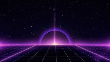 Retro Bilim-Kurgu Geçmişi 80 'lerin gelecekçi şebeke manzarası. Dijital Siber Yüzey. 1980 'lerin tarzında tasarım için uygun. 3B illüstrasyon