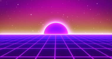 80 'lerin Retro-Bilim-Kurgu Fütüristik Ağ manzarası. 1980 'lerin dijital siber yüzey tarzı. 3B illüstrasyon