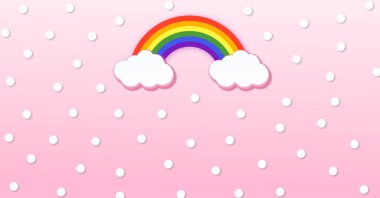 Soyut kawaii bulutları gökkuşağı pembe gökyüzünde karla kaplı. Çocuklar ve anaokulları veya sunum ve noel günü kavramı