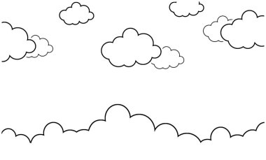 Soyut kawaii bulutları tek renkli çizim tarzı arka planda karikatür çizer. Çocuklar ve anaokulları veya sunumlar için kavram