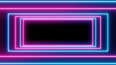 Soyut Neon parlak çizgileri siyah arkaplanda parlak mercek parlamaları. Lazer, reklam teknolojileri için renkli tasarım gösterdi