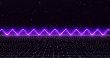 Retro Bilim-Kurgu Geçmişi 80 'lerin gelecekçi şebeke manzarası. Dijital Siber Yüzey. 1980 'lerin tarzında tasarım için uygun. 3B illüstrasyon