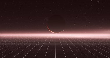 Retro Bilim-Kurgu Geçmişi 80 'lerin gelecekçi şebeke manzarası. Dijital Siber Yüzey. 1980 'lerin tarzında tasarım için uygun. 3B illüstrasyon