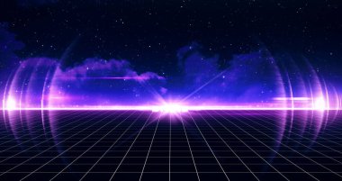 Retro Bilim-Kurgu Geçmişi 80 'lerin gelecekçi şebeke manzarası. Dijital Siber Yüzey. 1980 'lerin tarzında tasarım için uygun. 3B illüstrasyon