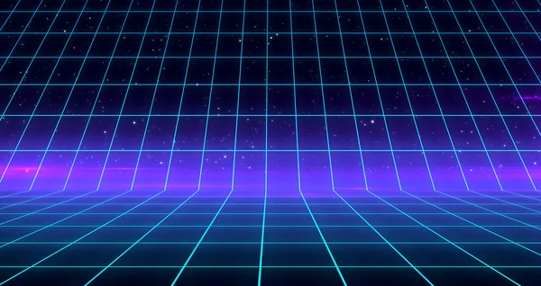 Retro Sci-Fi Background Futuristic Grid landscape of the 80`s. Digital Cyber Surface. Suitable for design in the style of the 1980`s. 3D illustration