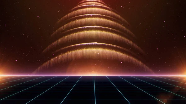 80S Retro Sci Fondo Futuristic Grid Landscape Estilo Superficie Cibernética —  Fotos de Stock