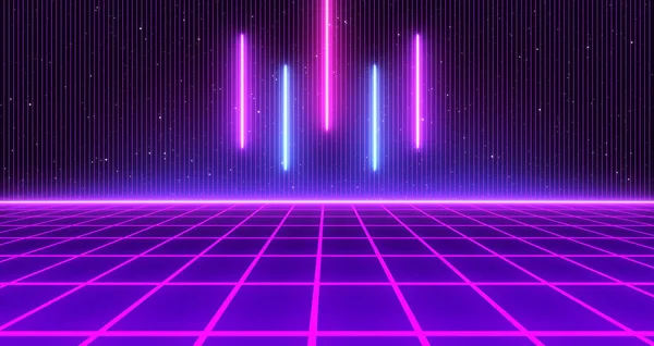 80S Retro Sci Background Futuristic Grid Landscape Digital Cyber Surface — Stock Photo, Image