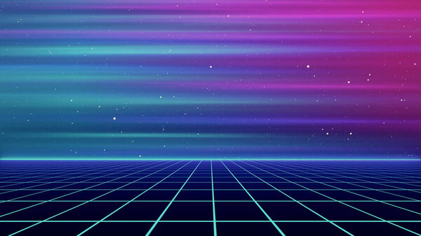 80s Retro Sci-Fi Background Futuristic Grid landscape. Digital cyber surface style of the 1980`s. 3D illustration