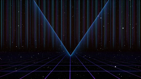 80年代复古科幻背景未来网格景观 20世纪80年代的数字网络表面风格 3D插图 — 图库照片