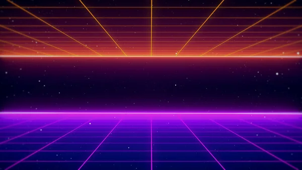 80 'lerin Retro-Bilim-Kurgu Fütüristik Ağ manzarası. 1980 'lerin dijital siber yüzey tarzı. 3B illüstrasyon