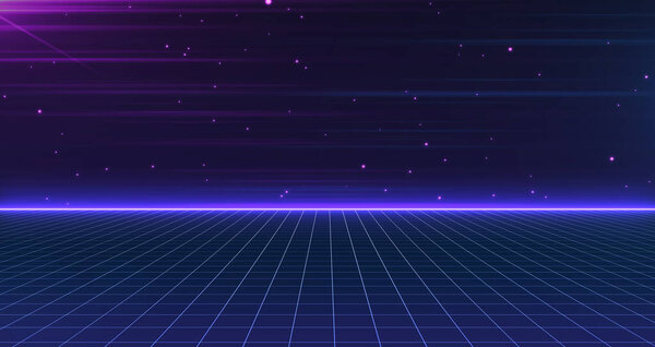 Retro Sci-Fi Background Futuristic Grid landscape of the 80`s. Digital Cyber Surface. Suitable for design in the style of the 1980`s. 3D illustration
