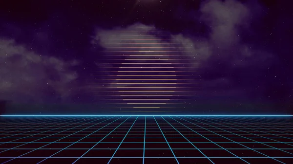 Estilo Retro Cyberpunk 80S Sci Fondo Futurista Con Paisaje Rejilla — Foto de Stock