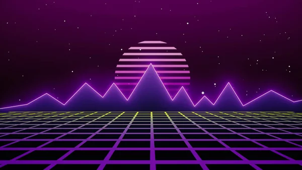 Estilo Retro Cyberpunk 80S Sci Fondo Futurista Con Paisaje Rejilla — Foto de Stock