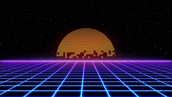 レトロなサイバーパンクスタイル80年代Sci Fi背景レーザーグリッドの風景と未来派 1980年代のデジタルサイバー表面スタイル 3Dイラスト — ストック写真