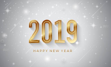 Mutlu yeni yıl 2019. Soyut vektör çizim ile yıldızı parlayan altın numaraları ile