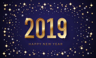 Mutlu yeni yıl 2019. Soyut vektör çizim ile yıldızı parlayan koyu arka plan üzerinde golden numaraları ile