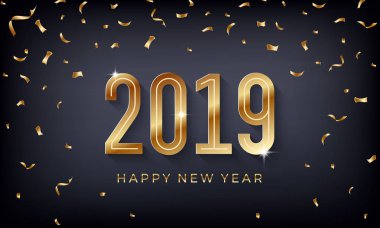 Mutlu yeni yıl 2019. Koyu arka plan üzerinde parlayan altın sayılarla yaratıcı soyut vektör çizim