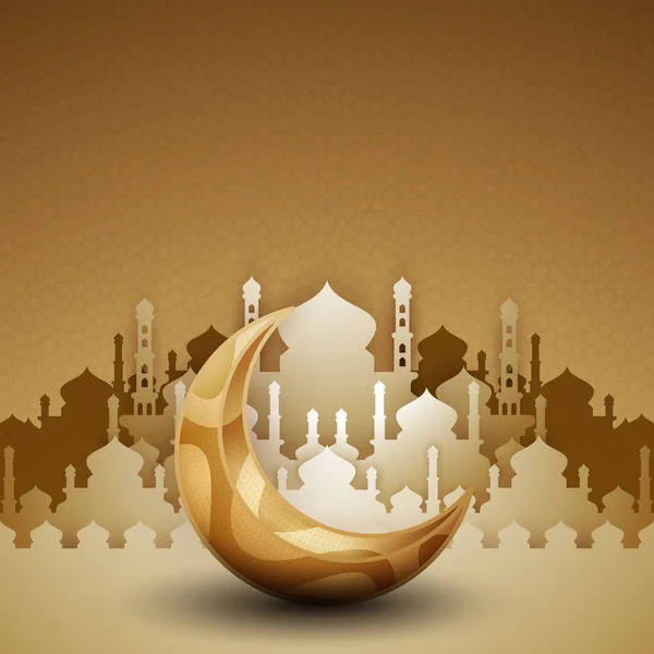 3D golden Mosque silhouette with crescent moon. Modern Islamic background. — Stock Vector