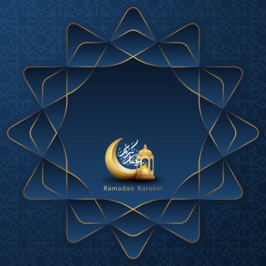 Parlayan altın fenerler, geometrik desen, hilal ay ve Arapça hat bir arada Ramazan kareem arka plan. Posterler, afişler, tebrik kartları ve daha fazlası için İslami arka planlar.