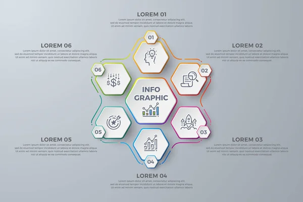 Infografik-Design mit 6 Prozessoptionen oder -schritten. Gestaltungselemente für Ihr Unternehmen wie Berichte, Prospekte, Broschüren, Workflows und mehr. Infografik-Design mit modernen Farben und einfachen Symbolen. — Stockvektor