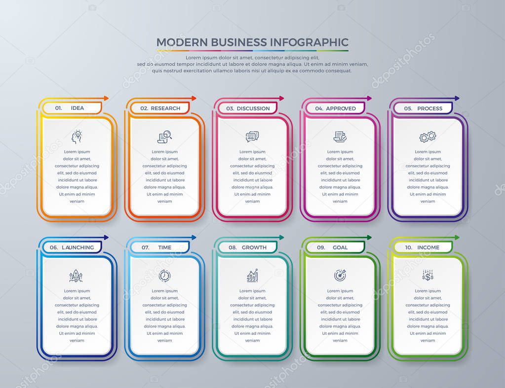 Business Infographic design with 10 process choices or steps. Design elements for your business such as reports, brochures, workflows and more. Infographic design with modern colors and simple icons.