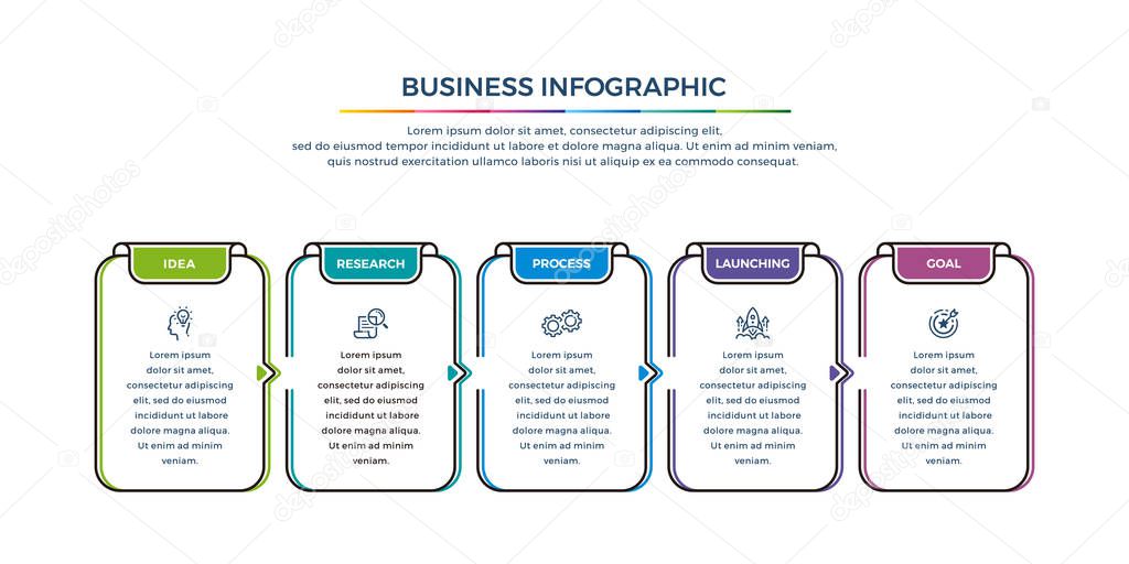 Business Infographic design with 6 process choices or steps. Design elements for your business such as reports, brochures, workflows and more. Infographic design with option colors and simple icons.