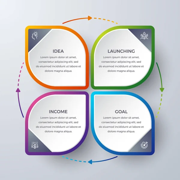 Infografik-Design mit 4 Prozessen oder Schritten. Infografik für Diagramm, Bericht, Workflow und mehr. Infografik mit modernem und einfachem Symbol. Idee, Forschung, Prozess, Markteinführung, Wachstum, Zielabbildung. — Stockvektor