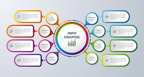 Moderne Infografik mit grüner, lila, oranger und blauer Farbe kann für Ihren Prozess, Ihre Schritte, Ihr Workflow-Layout und vieles mehr verwendet werden. Infografik mit Idee, Forschung, Prozess, Markteinführung, Wachstum, Zielsymbol. — Stockvektor