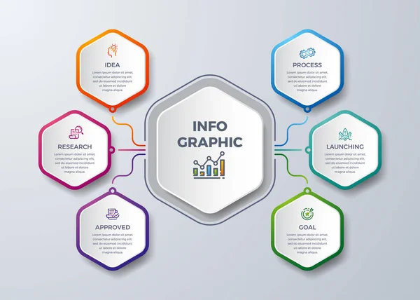 Infográfico moderno com cor verde, roxa, laranja e azul pode ser usado para seu processo, etapas, layout de fluxo de trabalho e muito mais. Infográfico com Ideia, pesquisa, processo, lançamento, crescimento, ícone de objetivo . — Vetor de Stock