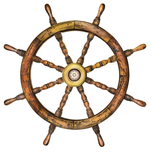 Vintage Wooden Ship Steering Wheel Isolated White Background — Stock Photo, Image