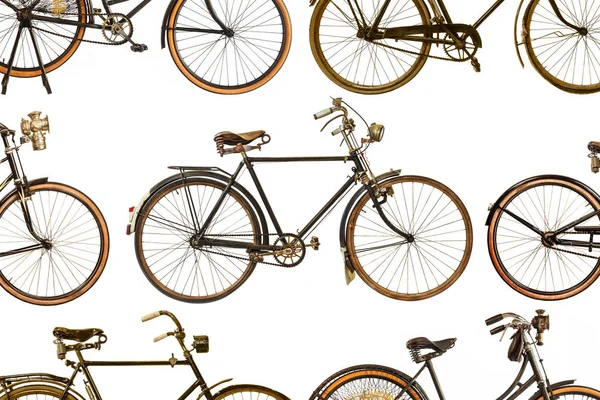 Συλλογή Vintage Σκουριασμένα Ποδήλατα Που Απομονώνονται Λευκό Φόντο — Φωτογραφία Αρχείου