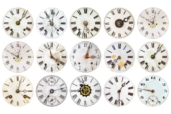 Modèle Différentes Horloges Anciennes Altérées Isolées Sur Fond Blanc — Photo