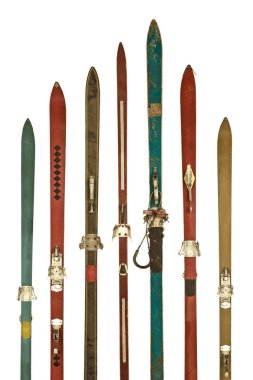 Retro vintage ahşap Kayak'ın görüntüsünü tarz beyaz bir arka plan üzerinde izole