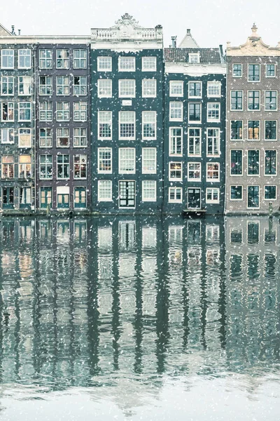 Vista Nieve Invierno Las Casas Del Canal Holandés Histórica Ciudad — Foto de Stock