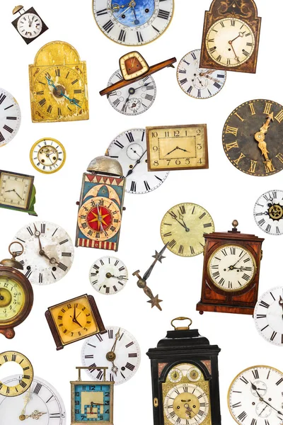 Farklı Vintage Masa Saatleri Saat Yüzü Beyaz Bir Arka Plan — Stok fotoğraf