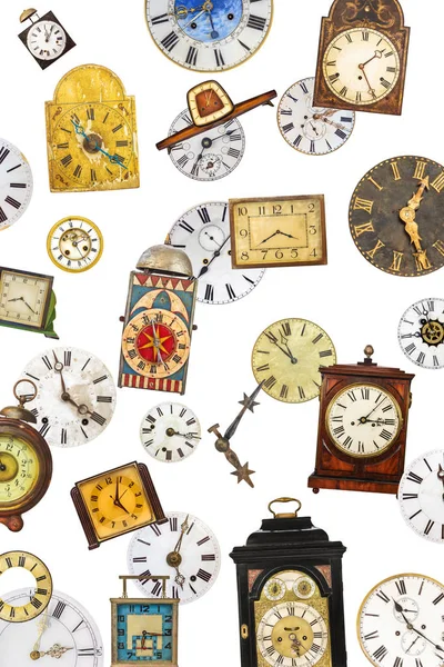 Collezione Diversi Orologi Tavolo Vintage Quadrante Isolato Sfondo Bianco — Foto Stock