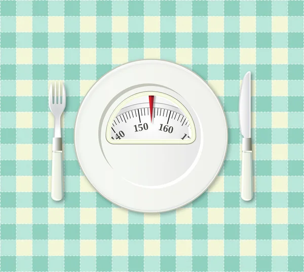 Πλάκα με μια κλίμακα ισορροπία βάρους. διατροφή έννοια — Φωτογραφία Αρχείου