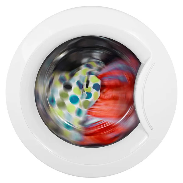 Washing machine door with rotating garments inside on isolated w — Stock Photo, Image