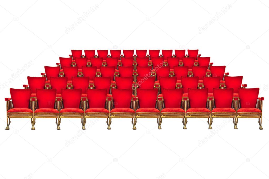 Five rows of vintage cinema chairs isolated on white