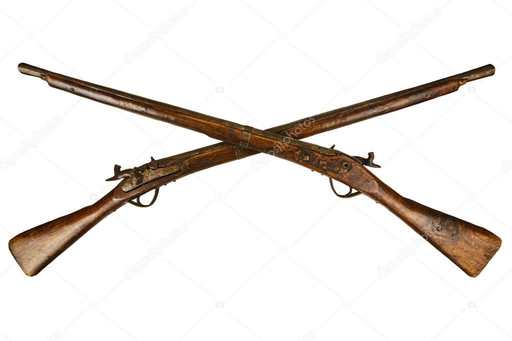 Two vintage wooden rifles isolated on white