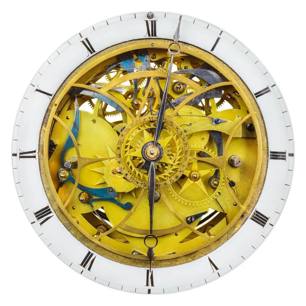 Antike Uhr mit offenem Innenraum und isolierten Zahnrädern — Stockfoto
