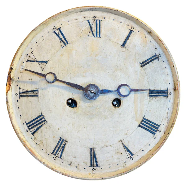 Ancient weathered clock face with faded numbers isolated on whit — Stock Photo, Image