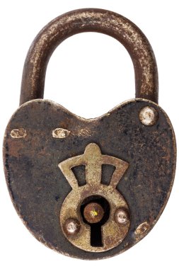 Antika paslanmış asma kilit beyaza izole edilmiş.