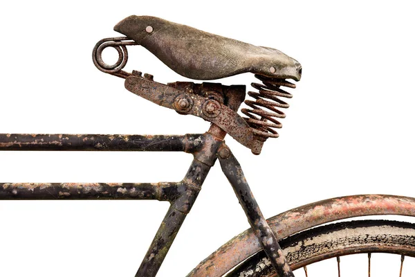 Zardzewiały starożytny rower ze skórzanym siedziskiem na białym — Zdjęcie stockowe