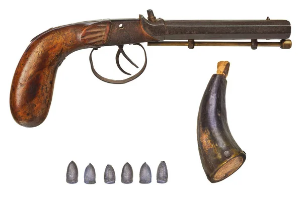 Handgun with bullets and gun powder — Stock Photo, Image