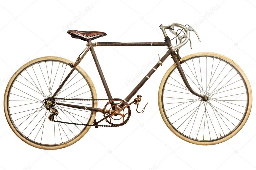 Vintage rusted race bike isolated on white