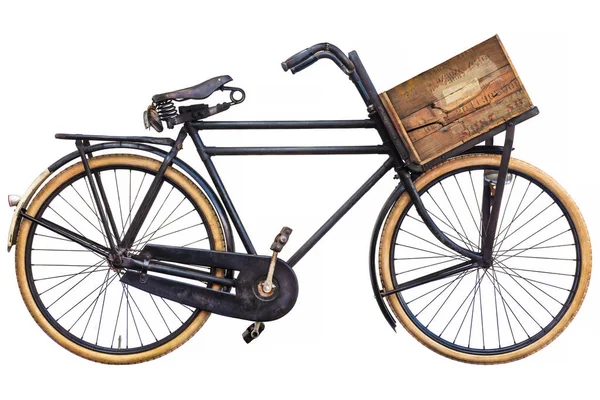 Bicicleta Carga Negra Vintage Con Caja Transporte Madera Vieja Silla —  Fotos de Stock